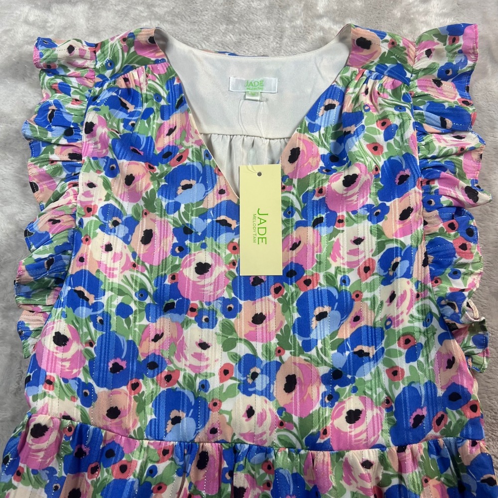 NWT Jade Melody Tam Women S V-Neck Ruffle Dress Blue Pink Floral Metallic Tiered